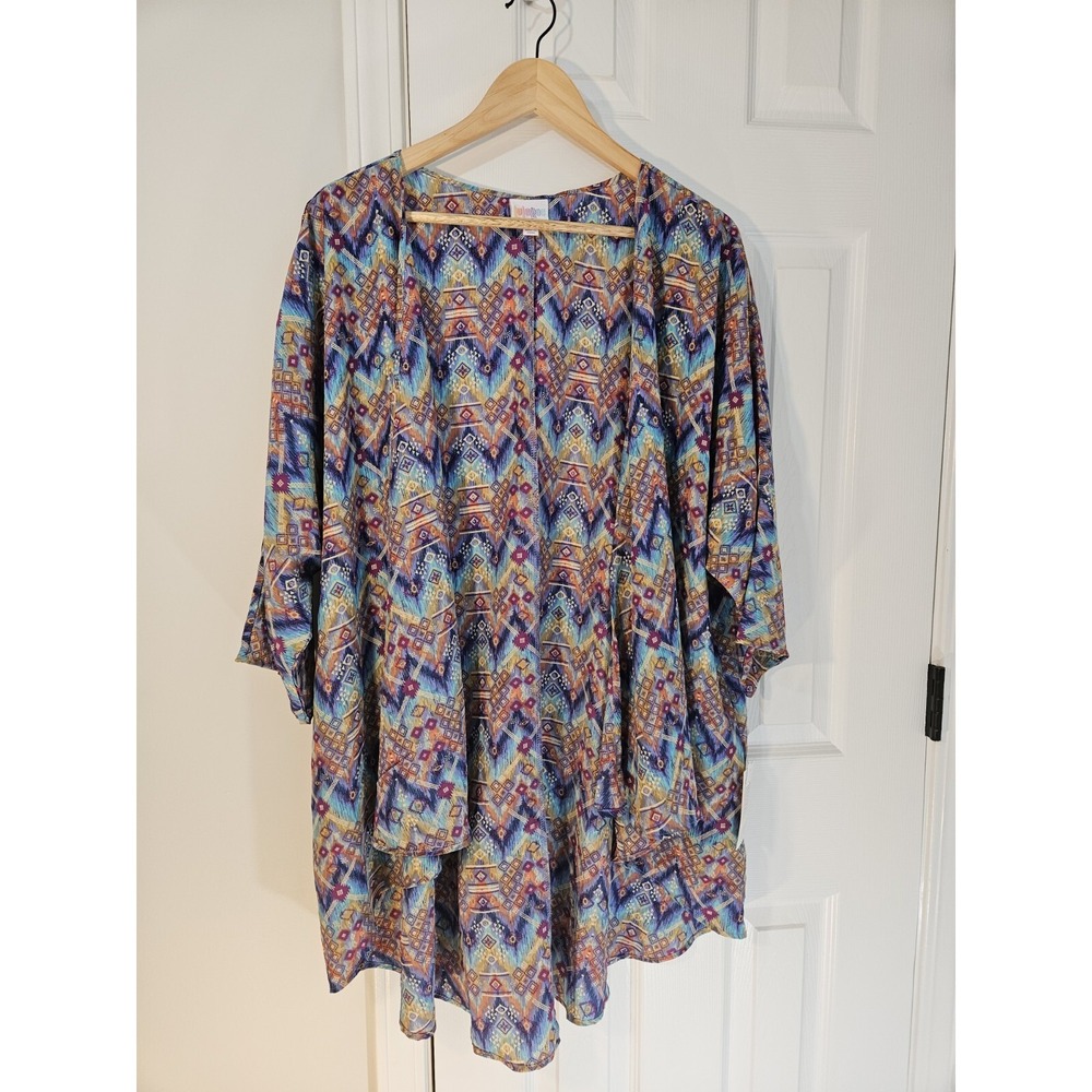 LuLaRoe Lindsay Kimono Cardigan Large Geometric Ikat Print Blue Purple